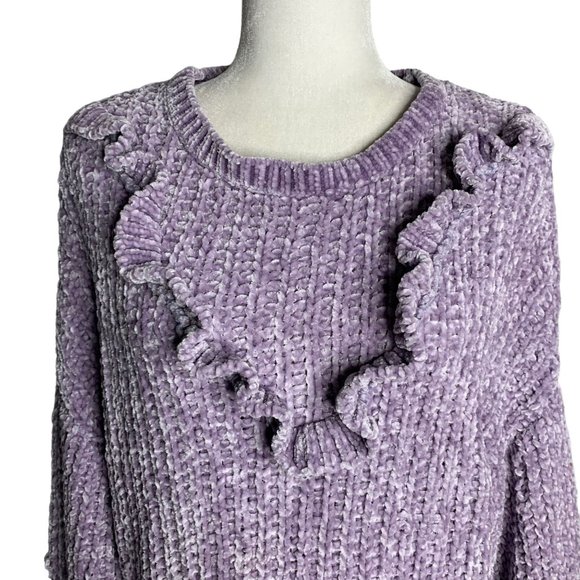 Love at First Sight Chenille Knit Sweater L Purple Dropped Shoulder Ruffle - Picture 2 of 6